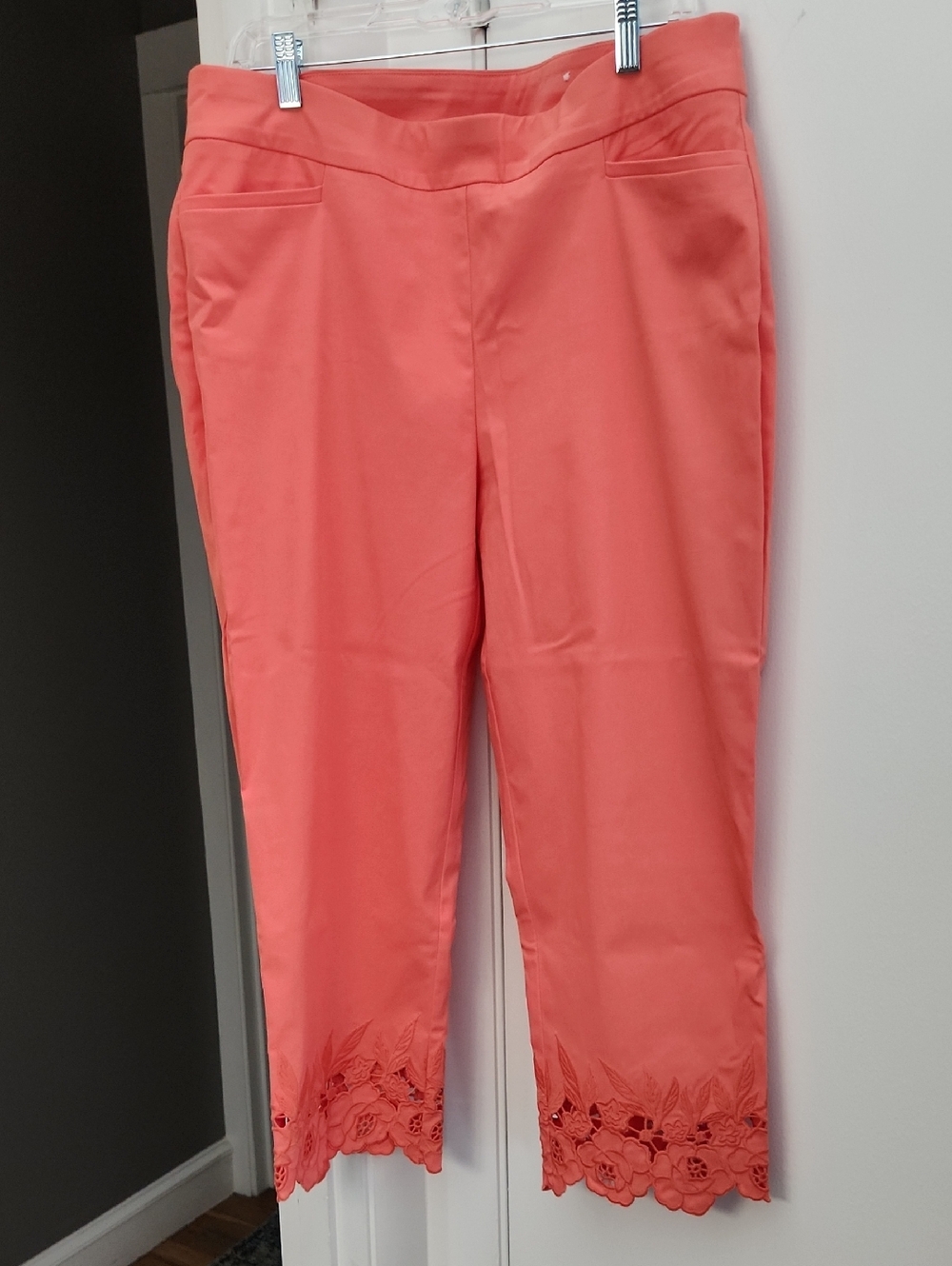 Chico's Coral Cropped Ankle Pants with Lace Hem